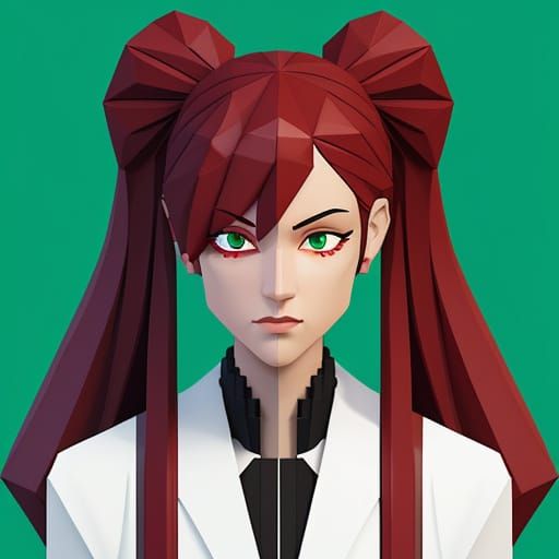 Low-Poly Mannequin Head with Crimson Pigtails in Pixel Art S...