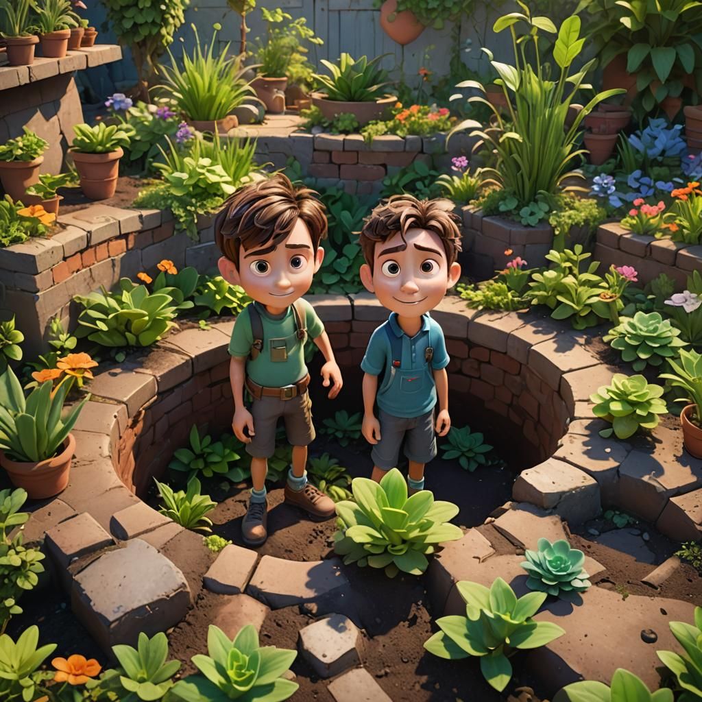 Boy and Hole in Garden: Pixar-Style 3D Render
