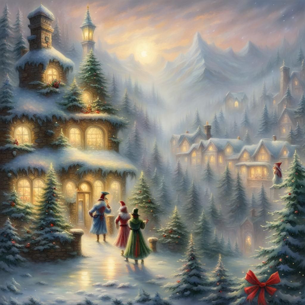 Ethereal Christmas Tree with Elves in Fantasy Style