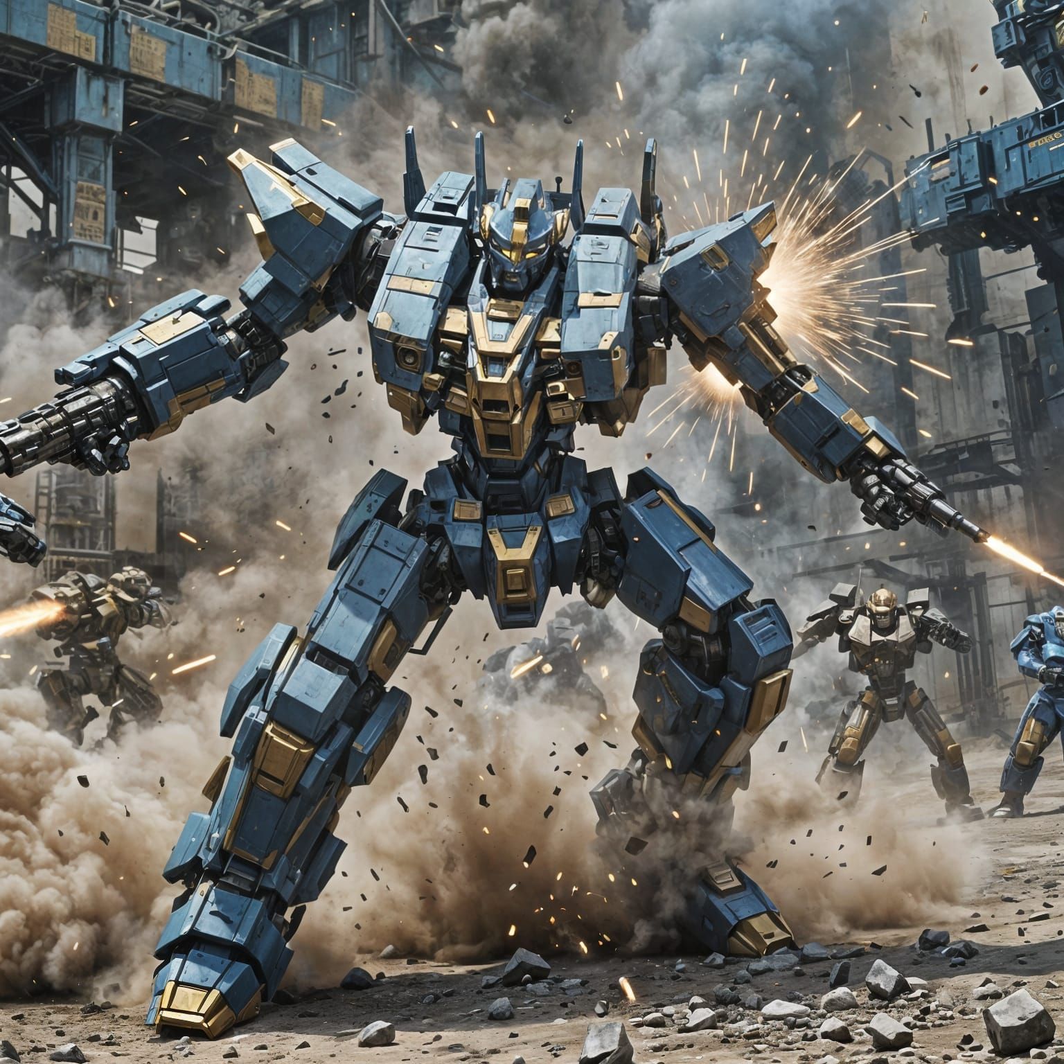 Epic Mecha Battle in Blue and Gold