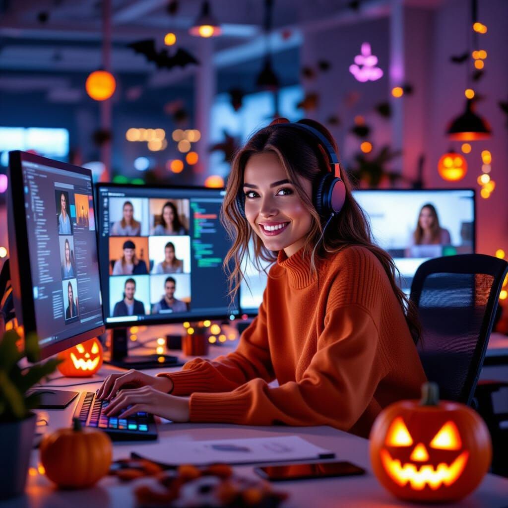Modern Woman in Festive Halloween Office