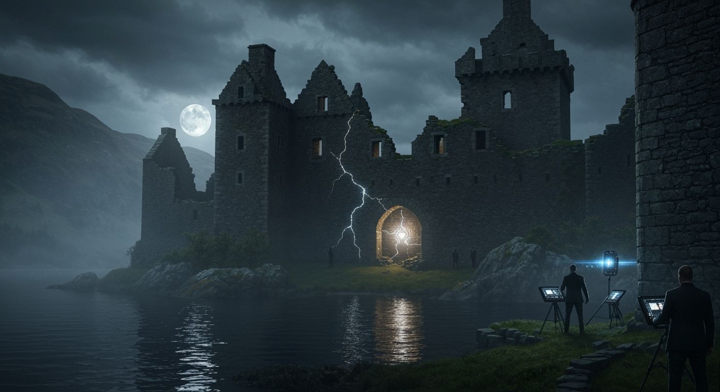 Ruined Scottish Castle on Misty Loch by Moonlight