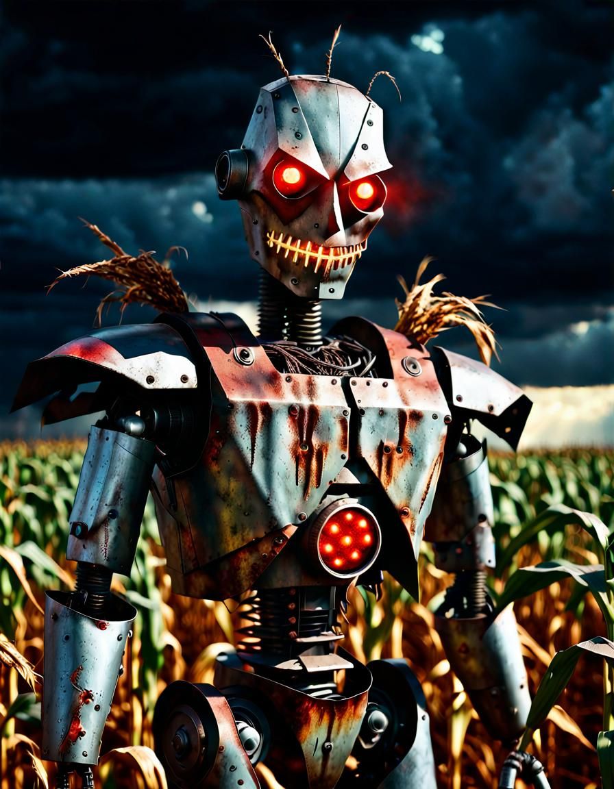 Robot Scarecrow in Stormy Cornfield: Hyperrealistic Digital ...