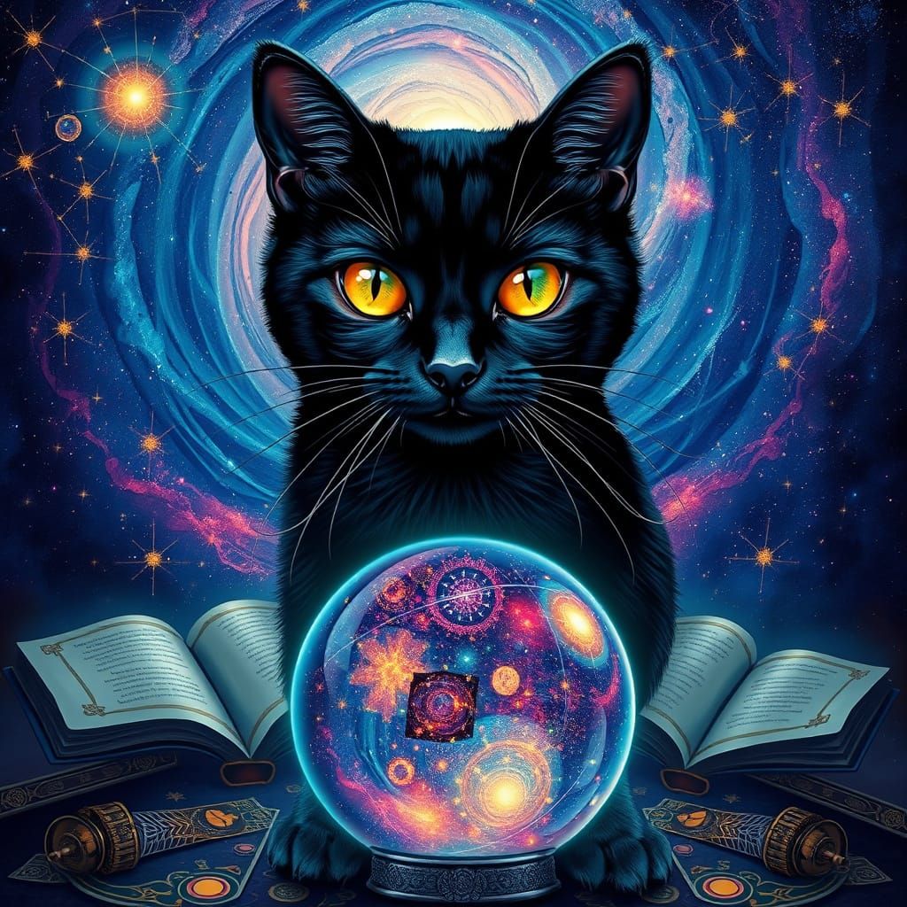 Black Cat Gazing at Galaxy in Crystal Ball