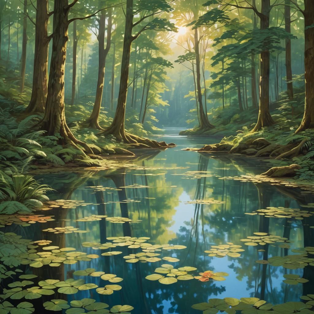 Surreal Forest Landscape with Dappled Sunlight and Serene La...