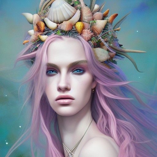 Androgynous God Surrounded by Seashells and Flowers