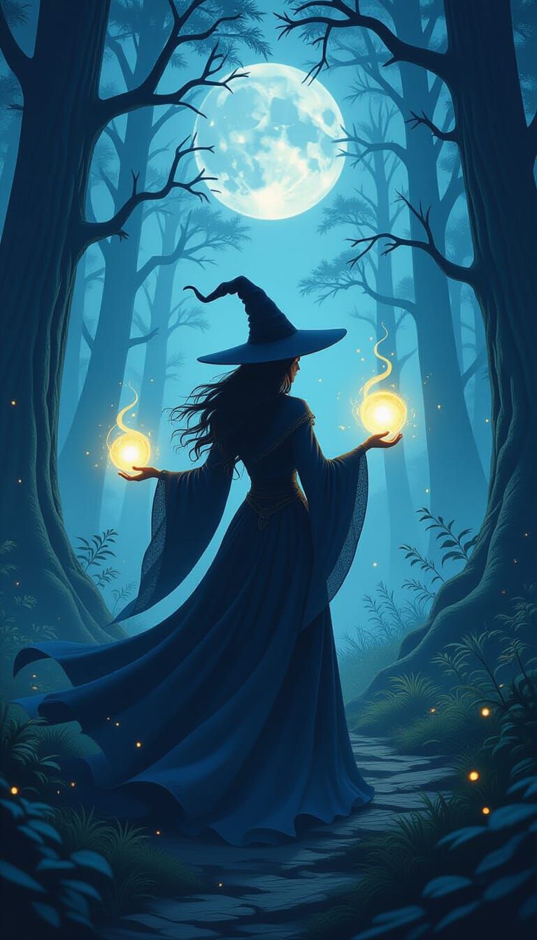 Mystical Witch Commanding Light Orbs in Moonlit Forest