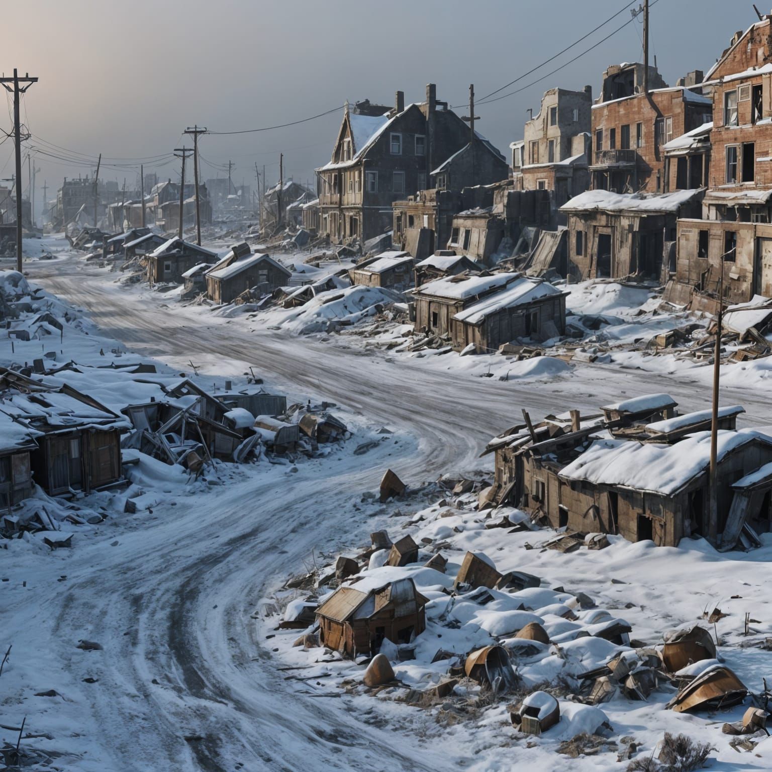 Post-Apocalyptic Shelters in Nuclear Winter Landscape