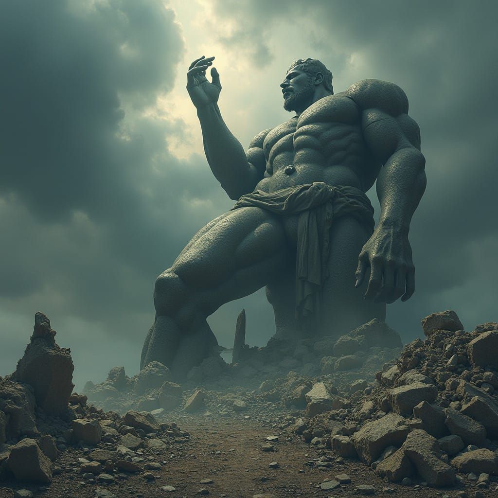 A Shattered Colossal Statue Reaches for the Stormy Sky