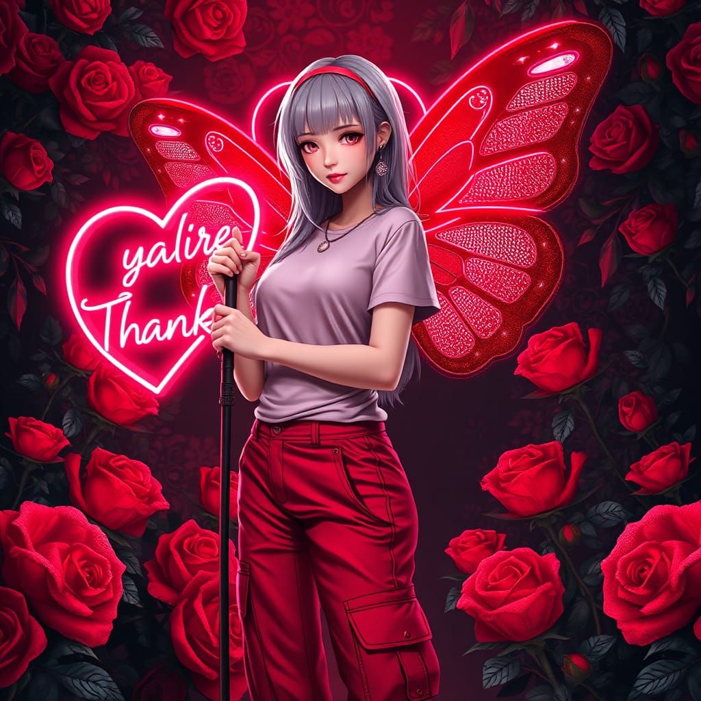 Gothic Anime Woman with Neon Heart Sign