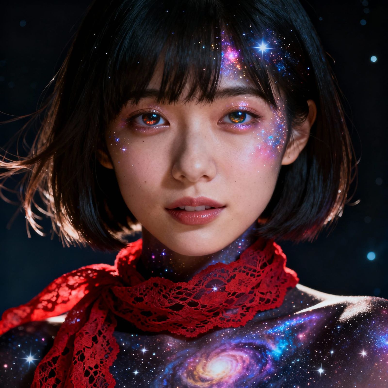 Celestial Woman Face with Cosmic Skin and Lace Scarf