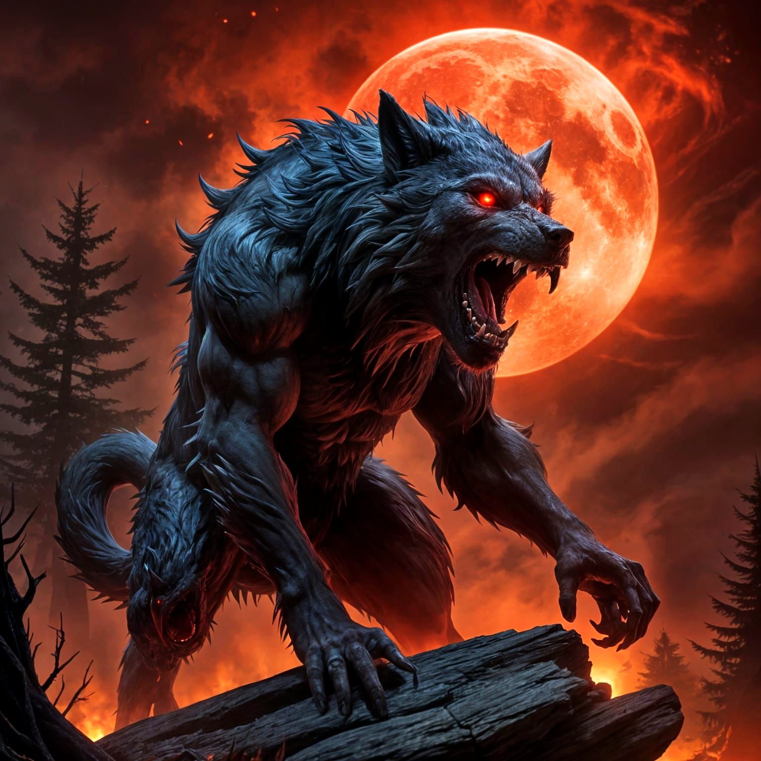 Werewolf Bays at Blood Moon Under Darkened Sky