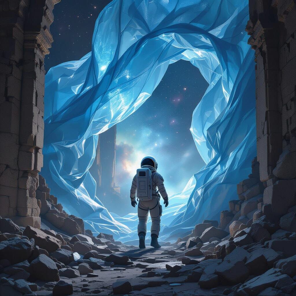Astronaut Explores Ruins Under Vast Blue Fabric