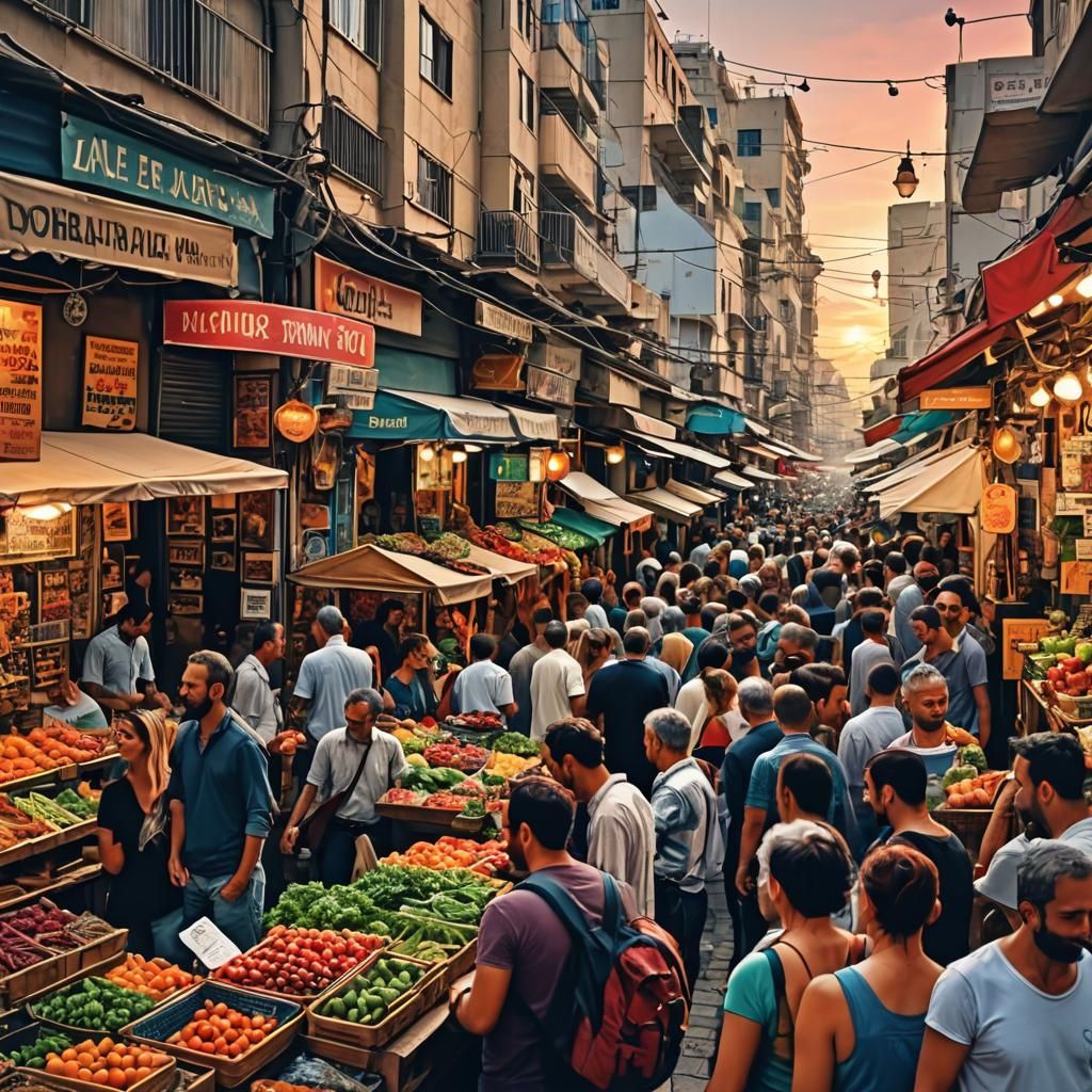 Hyperrealistic Markets of Tel Aviv at Sunset