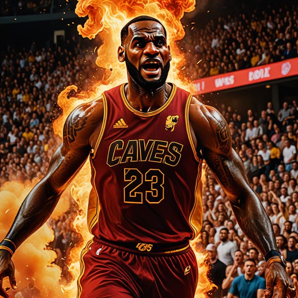 Fiery Lebron James Portrait in Hyper-Realistic Digital Art