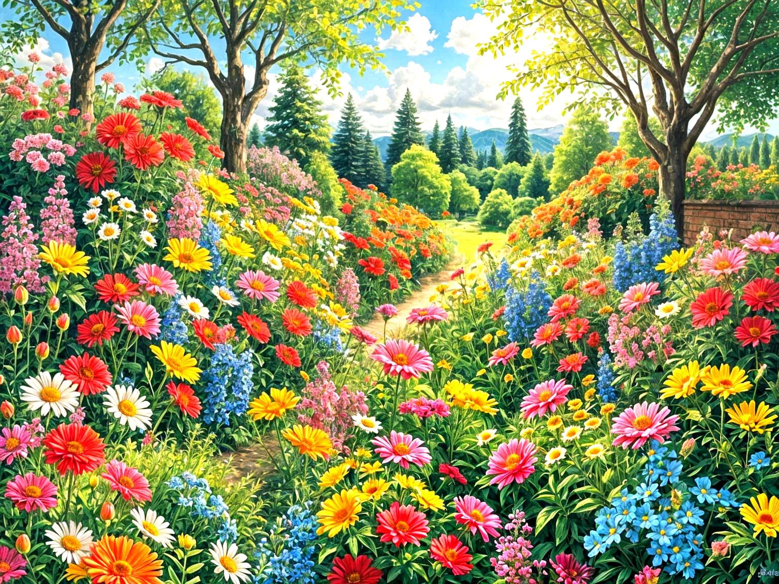 Vibrant Floral Garden in Watercolour Style