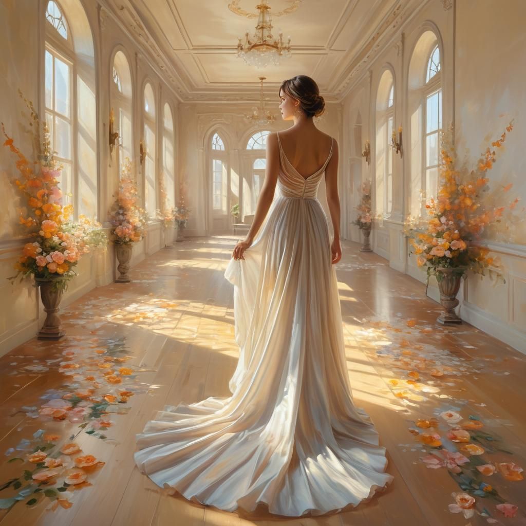 Ethereal Girl in Sunlit Hall with Neon Flowers