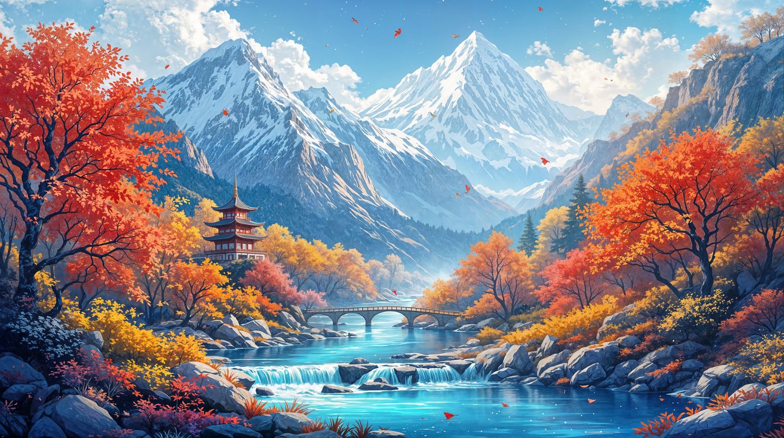 Autumn River Valley in Vibrant Impressionist Style