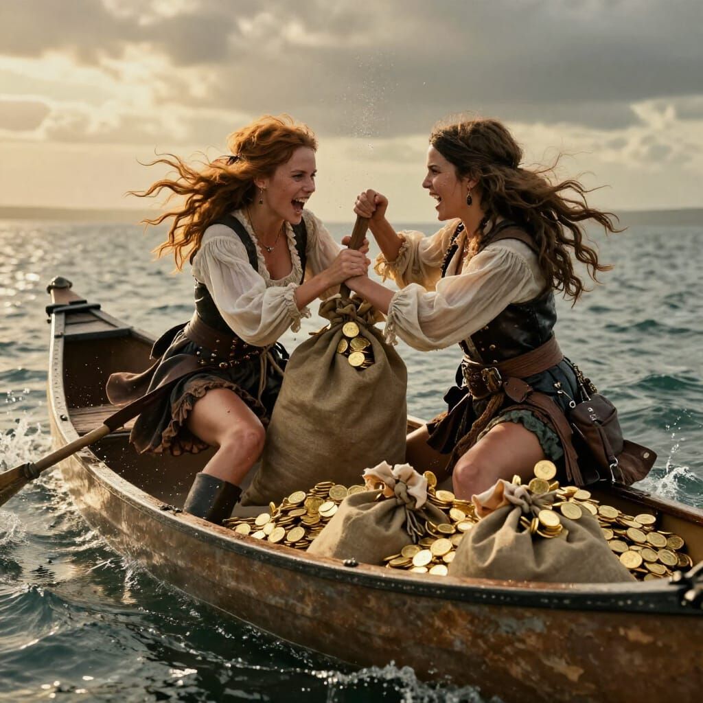 Sisters Fight Over Gold in Canoe, Hyper Realistic