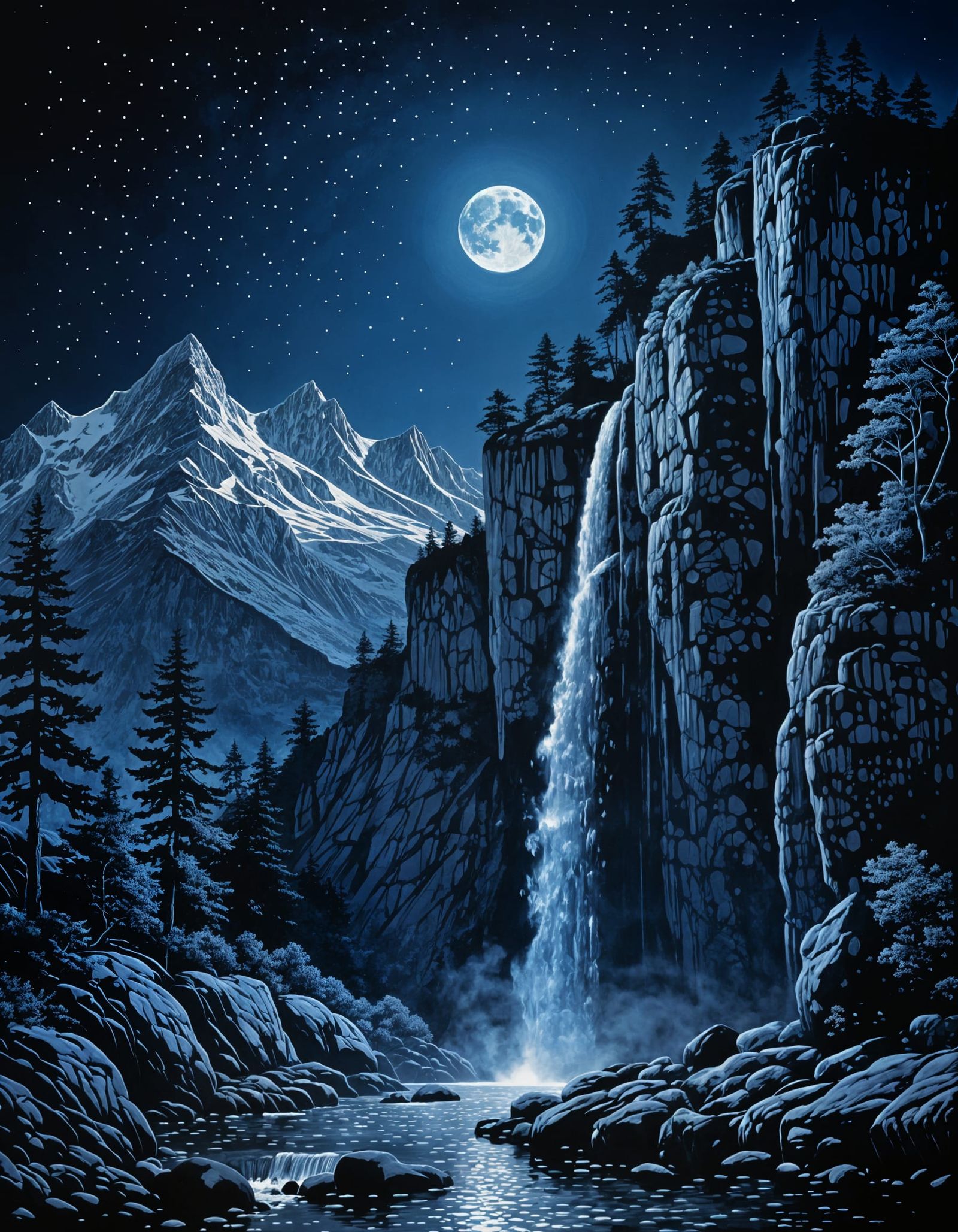 Moonlit Waterfall in Blue Monochromatic Pointillism