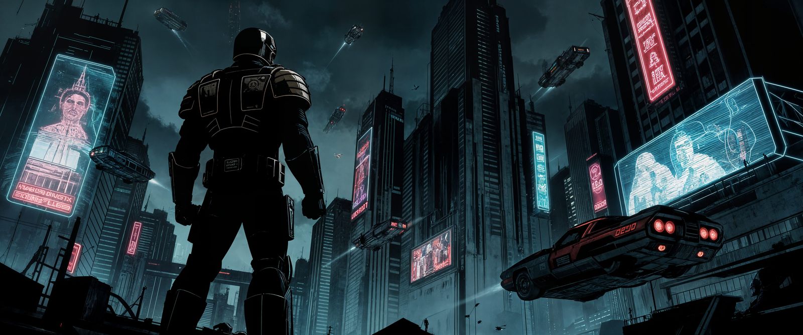 Judge Dredd in Neon Cyberpunk Cityscape