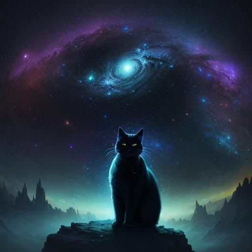 Luminescent Cat Floating in Glowing Galaxy