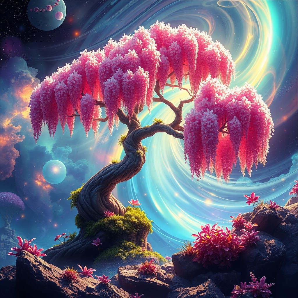 Cosmic Wisteria Bloom in Vibrant, Iridescent Galaxy