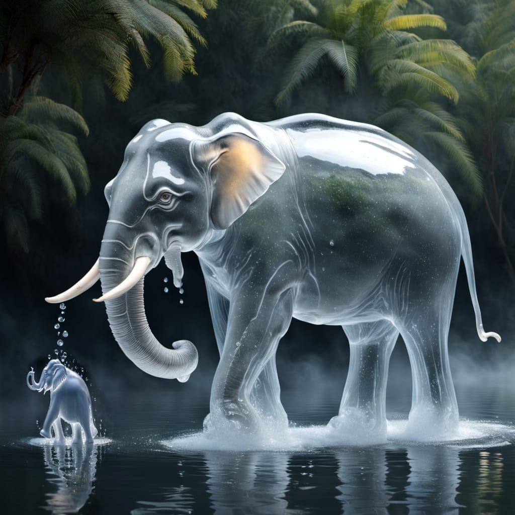 Ethereal Water Elephant in Sparkling Droplets