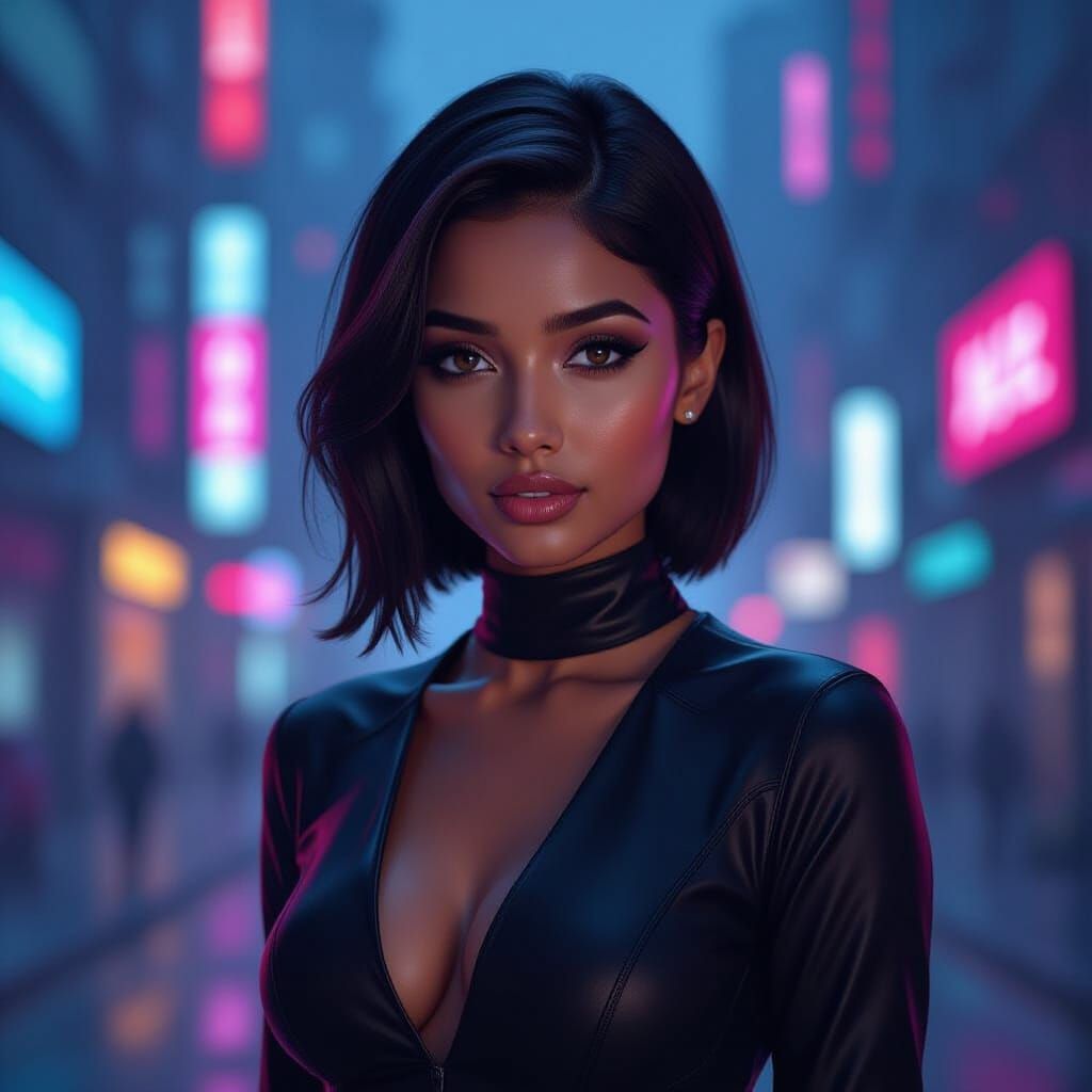 Futuristic Indian Woman in Neon Cityscape