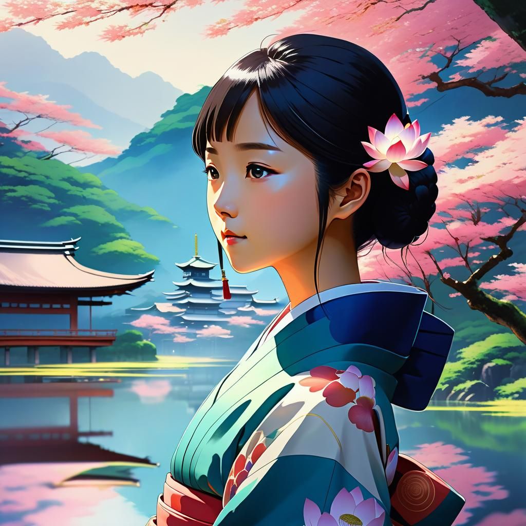 "Ink painting, pretty asian lady wearing Japanese kimono, lo...