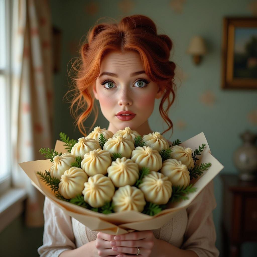 Cinematic Still of Redhead Holding Varenyky Bouquet