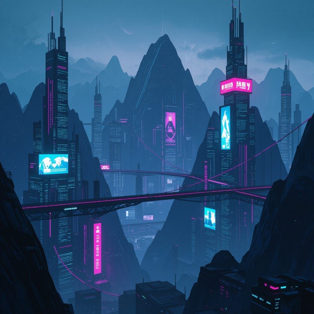 Cyberpunk Mountain Cities with Neon Bridges