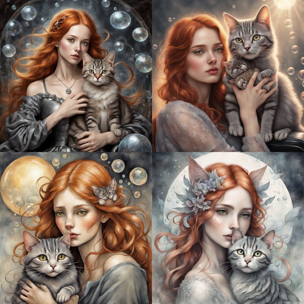 Whimsical Fantasy Portrait of a Redheadwoman and Her Cuddly ...