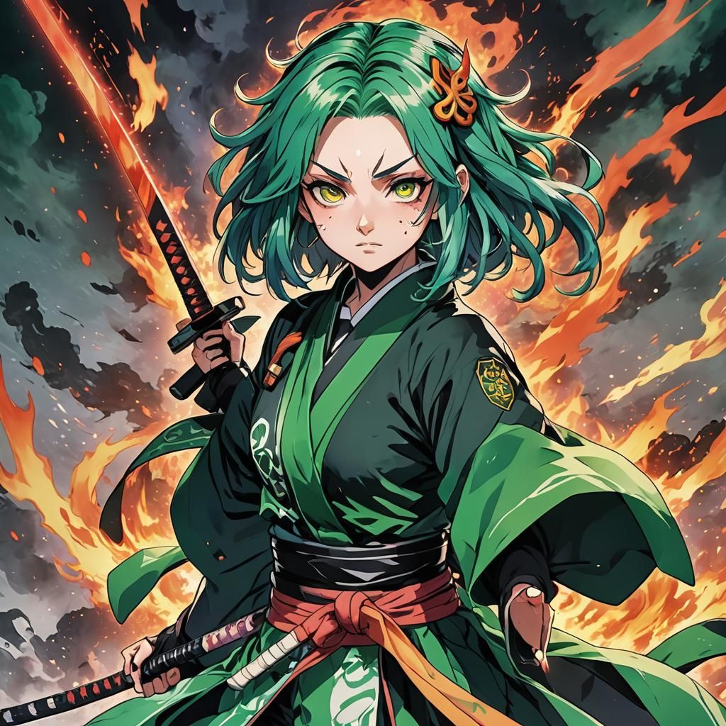 Green-Haired Demon Slayer in Anime Style