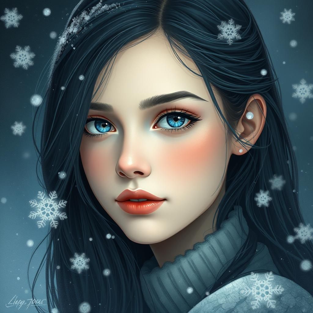 Snowy Portrait of a Woman with Blue Eyes
