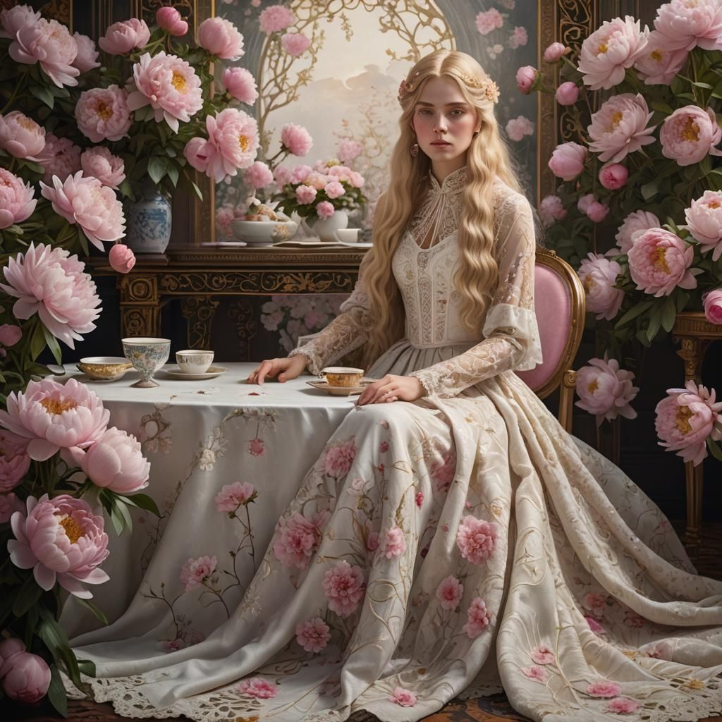 Girl at Peony Tea Party in Art Nouveau Style