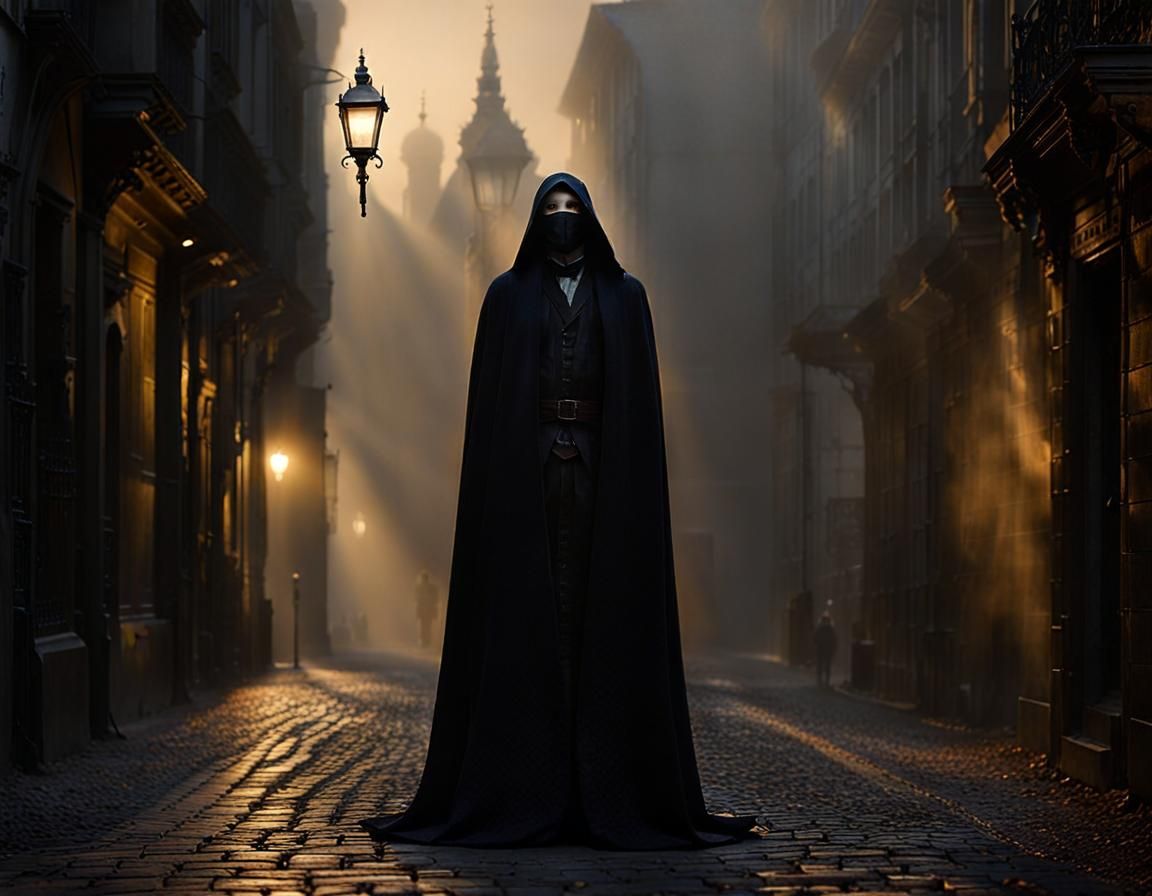 Figure in foggy, gothic street