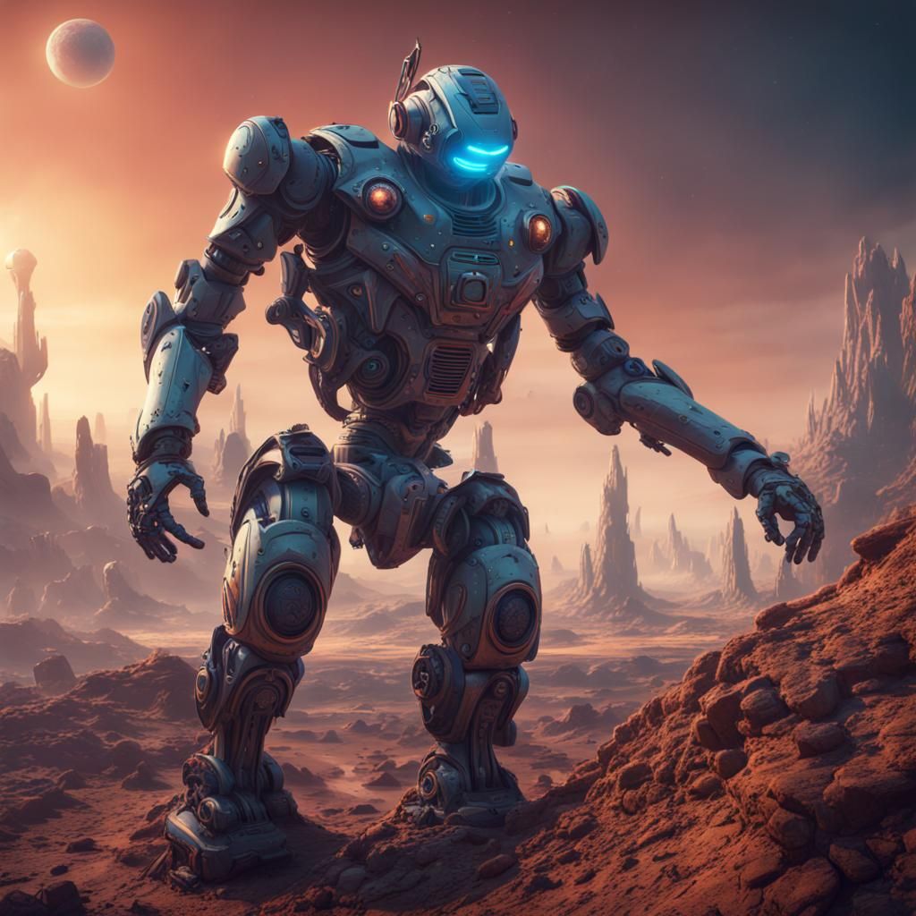 Robot Sentinel on Alien Planet: Detailed Matte Painting