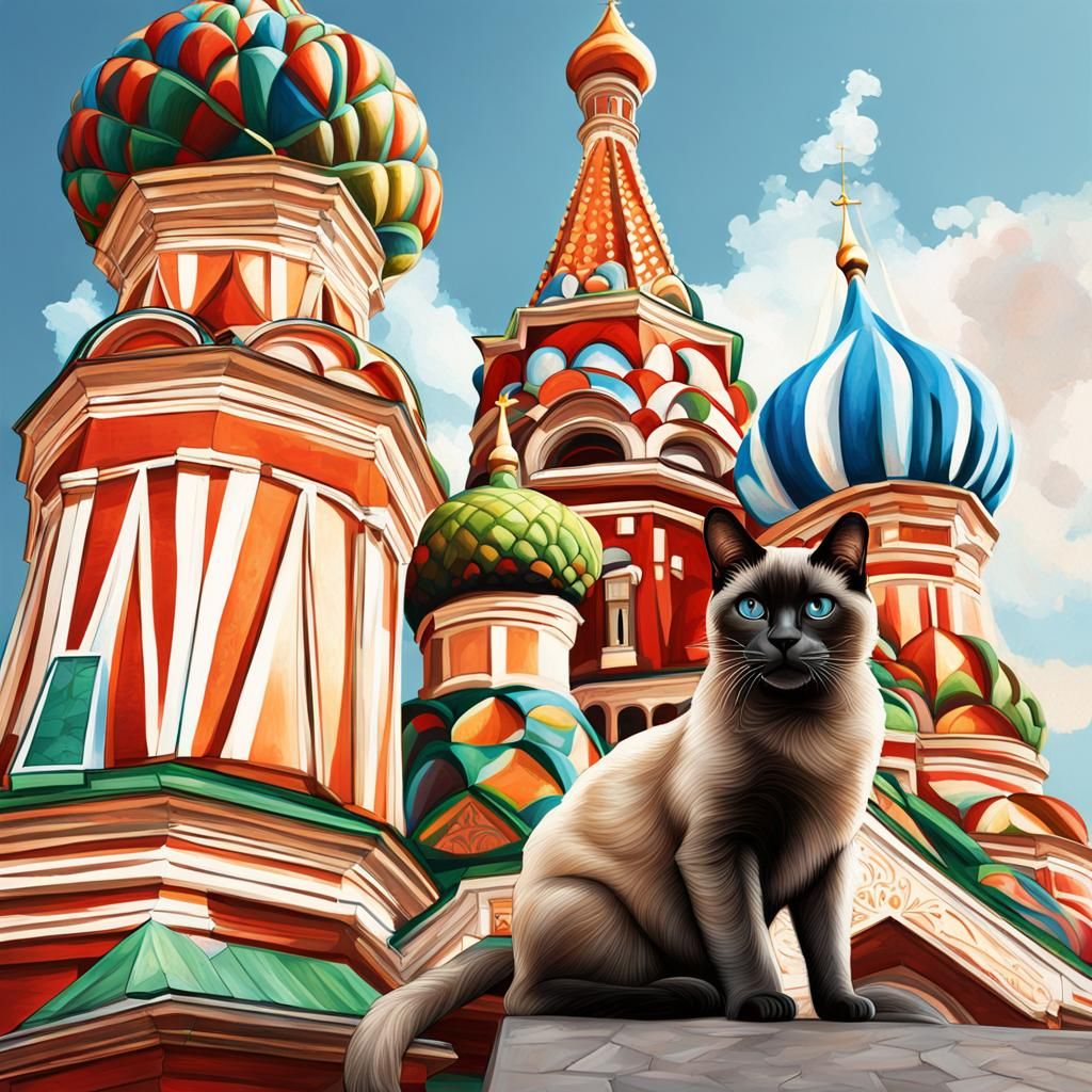 St. Basil's Cathedral with Siamese Cat: Hyperrealistic Splas...