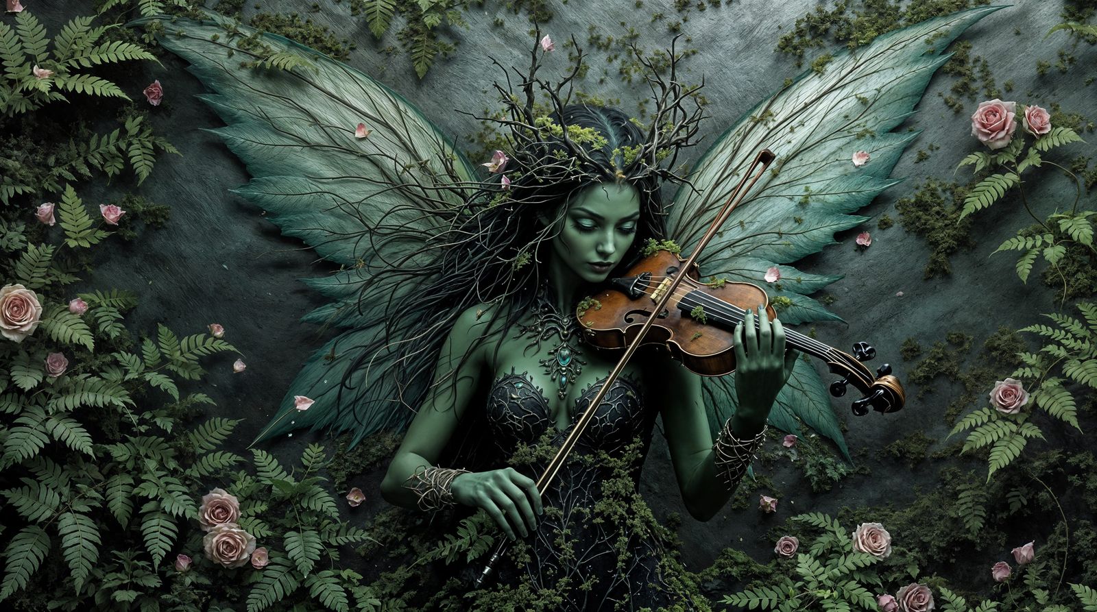 Enigmatic Fairy Commands Violin in Ruinous Garden