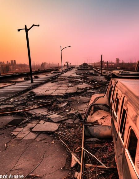 Post-Apocalyptic City at Dusk with Overgrown Ruins