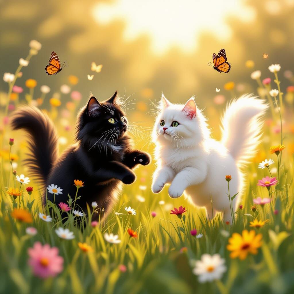 Cats Chasing Butterflies in a Sunlit Meadow