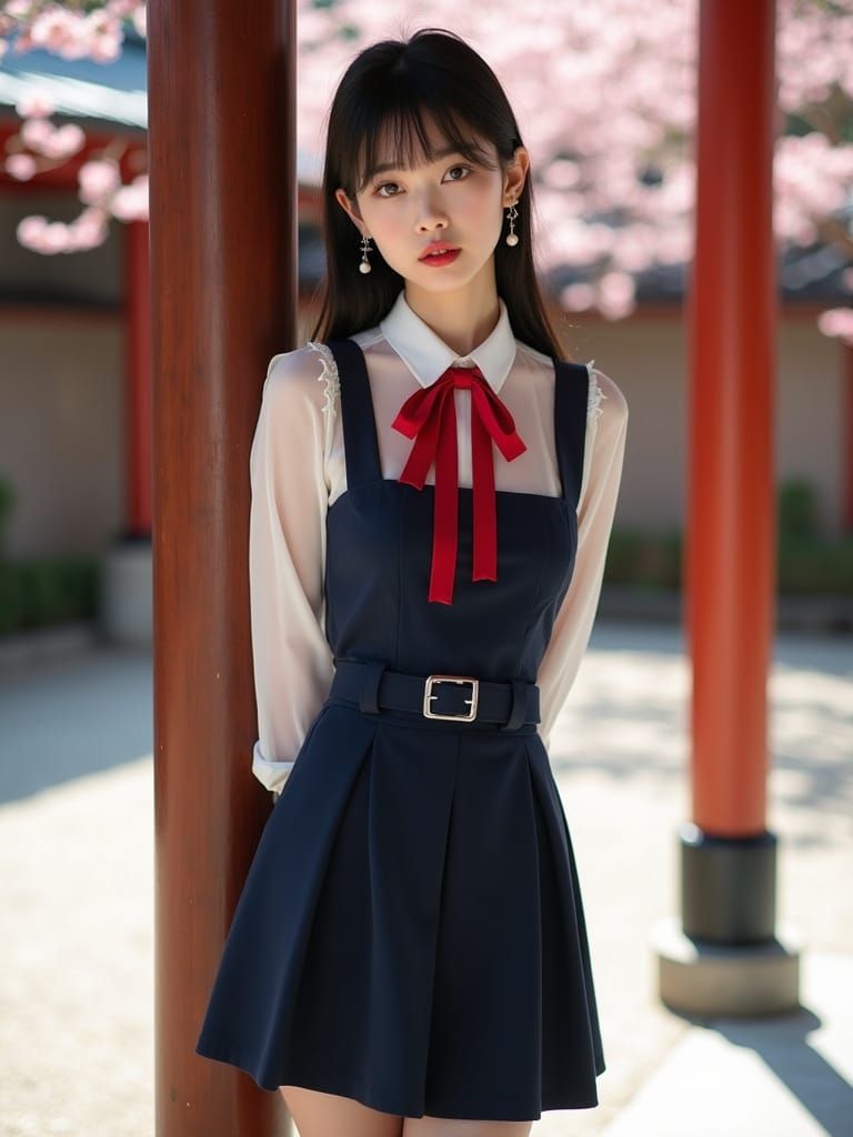 Japanese Woman in Spring Shrine Courtyard