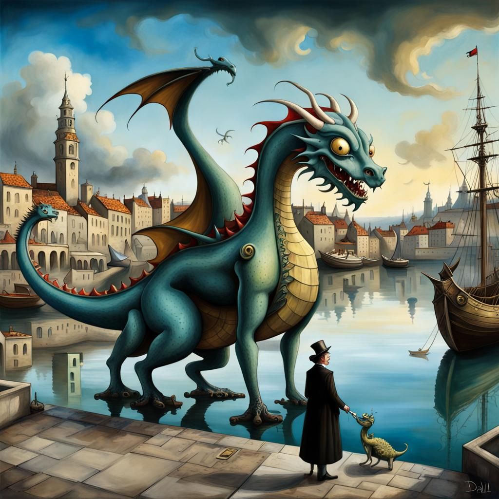 Geisha and Dragon in Medieval City: Surreal Painting