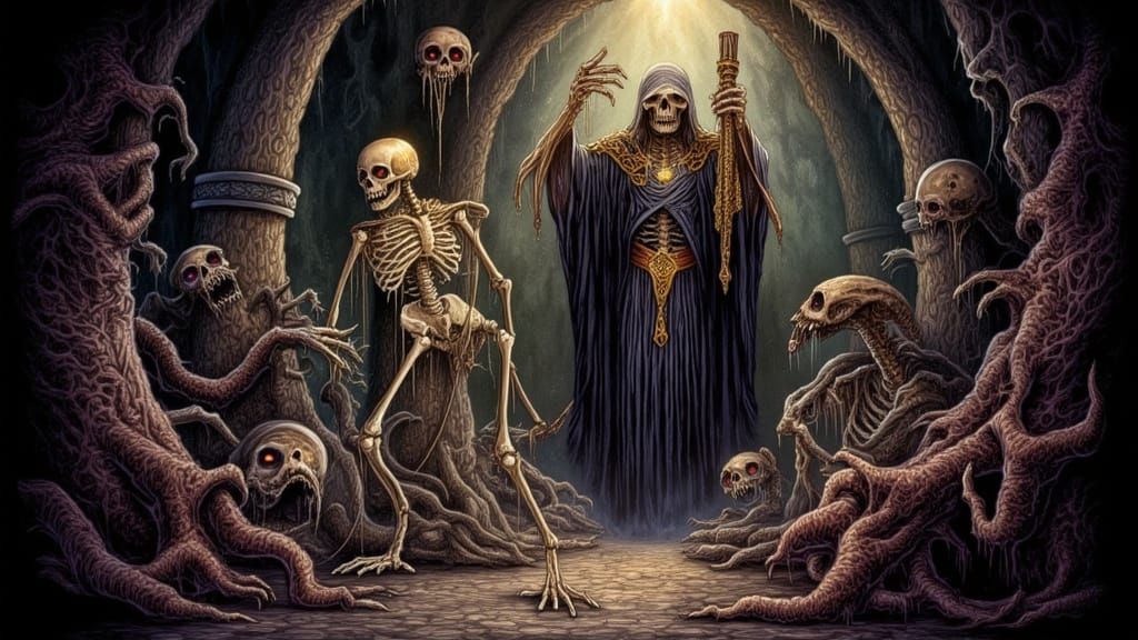 Skeleton Sorcerer Casting Spell in Dark Crypt