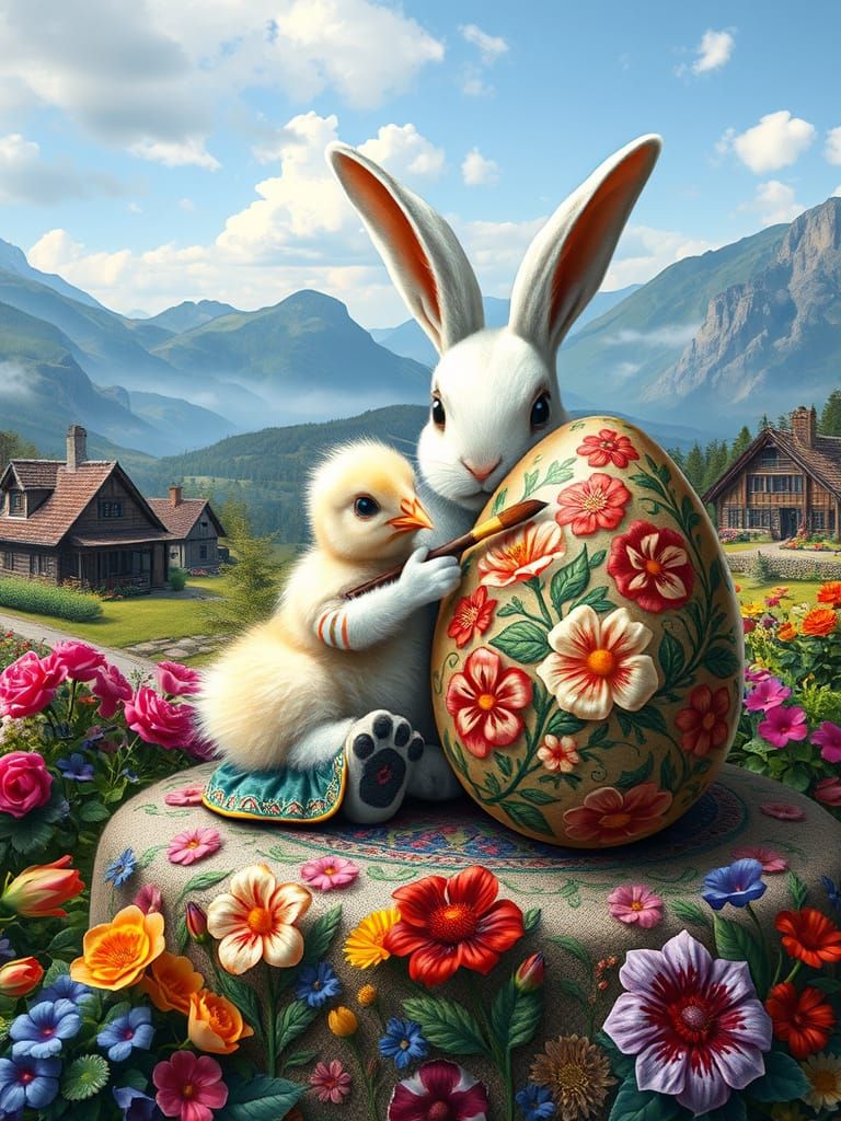 Bunny Painting Easter Egg in Rembrandt Style