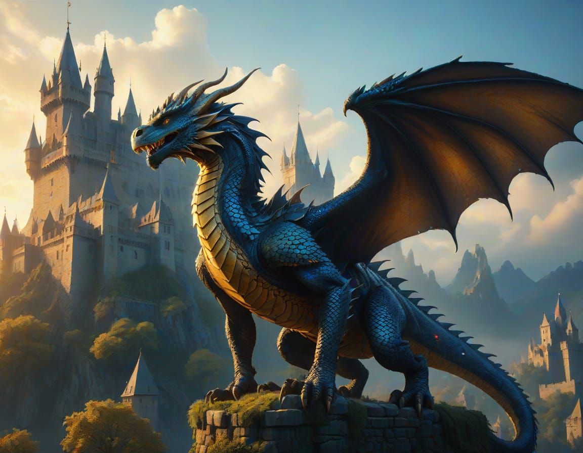Majestic Dragon Soars Above Medieval Castle in Golden Hour