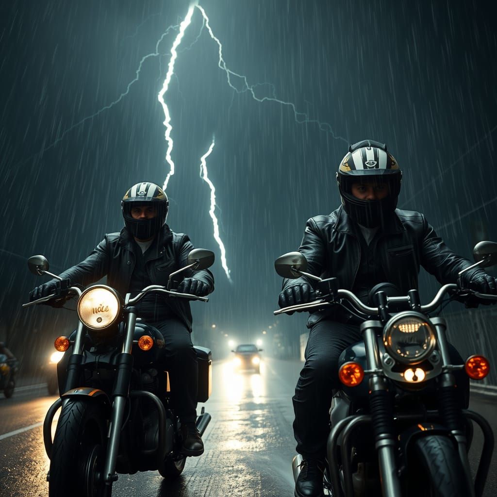 Motorcycle Riders Brave a Stormy Night