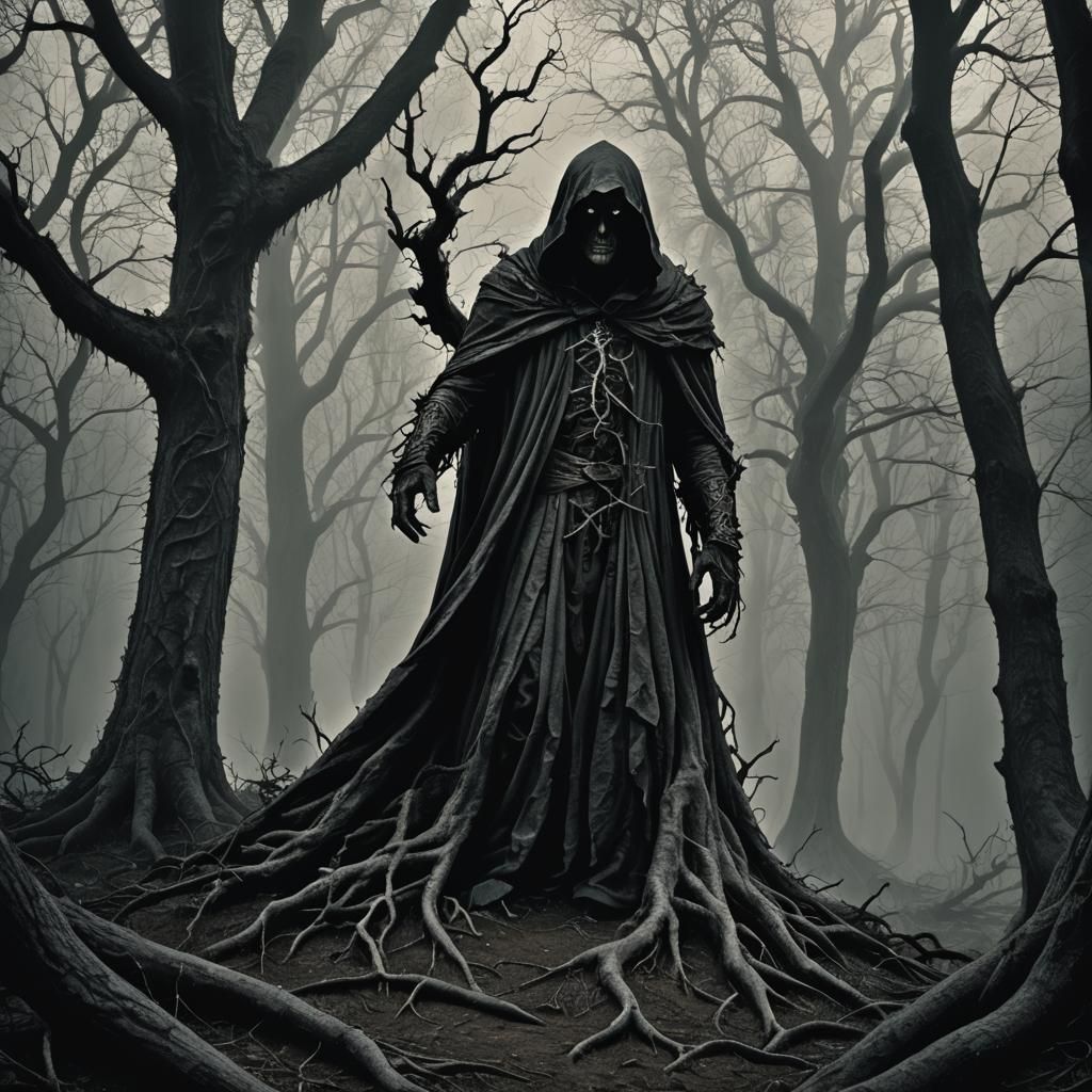 Hooded Figure in Haunted Forest, Dark Fantasy Art