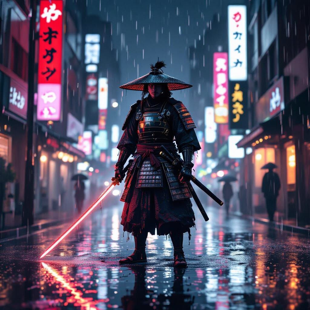 Samurai in Neon Tokyo Rain: Cinematic 8K Photorealism